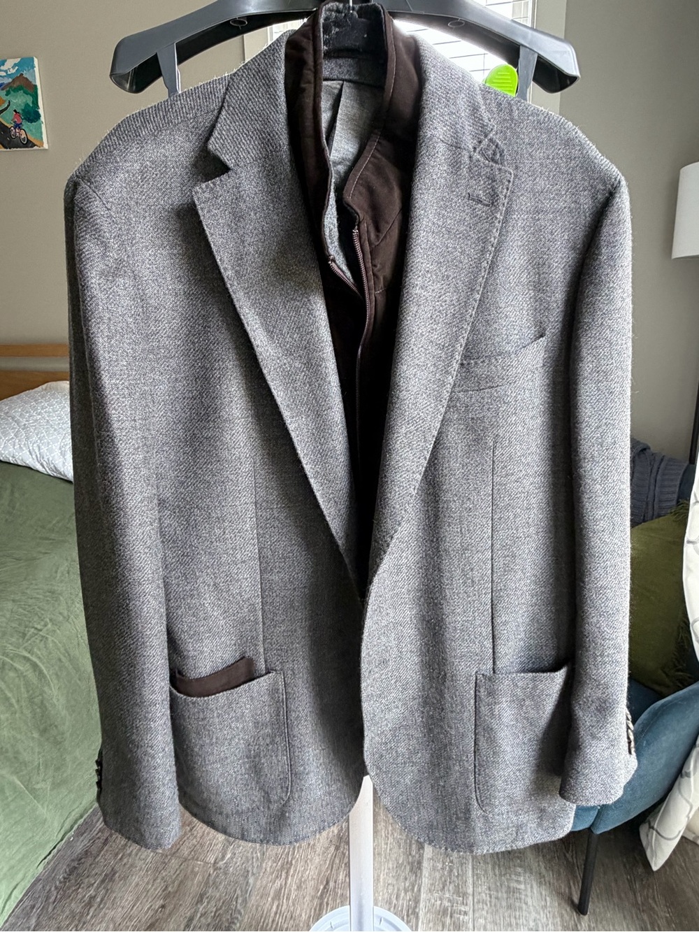 Neiman Marcus Gray Rain System Merino Wool Raincoat with Brown Trim